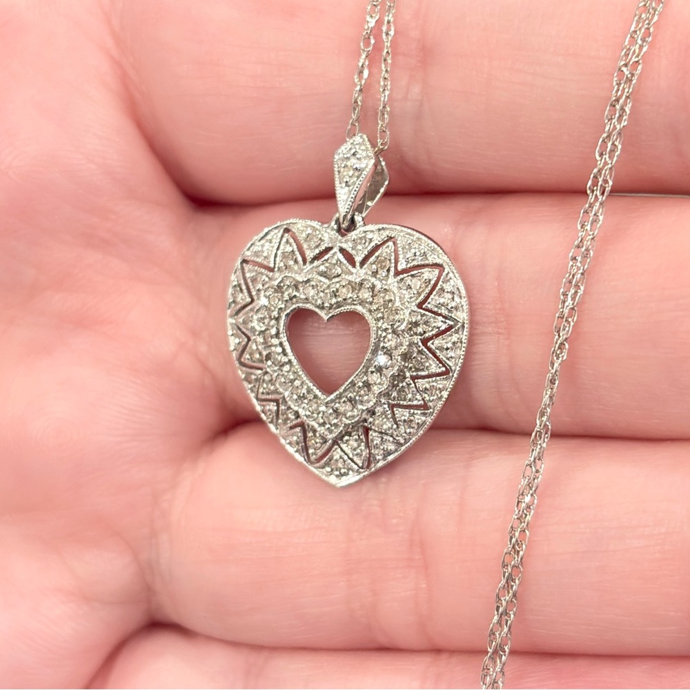10K Diamond Heart Necklace, Dainty Filigree, Lavalier Style, White Gold, ADL - Picture 9 of 12